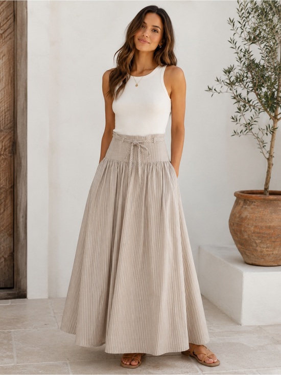 Moon River Dresses & Skirts - Moon River Maxi Skirt Womens M NWT Beige White Stripe Belted Coastal A-Line